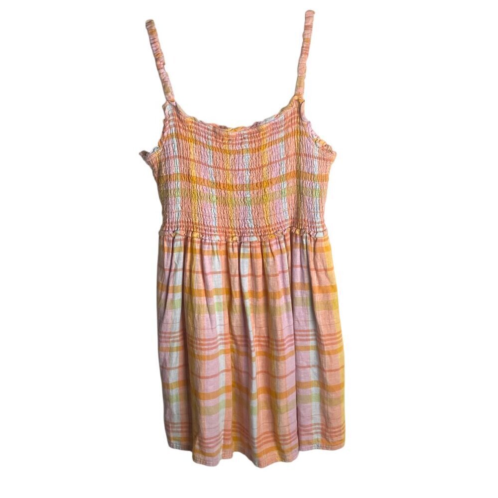 American Eagle Size L Dream Smocked Tank Dress Colorful Plaid Linen Mini Cottage - Picture 2 of 9